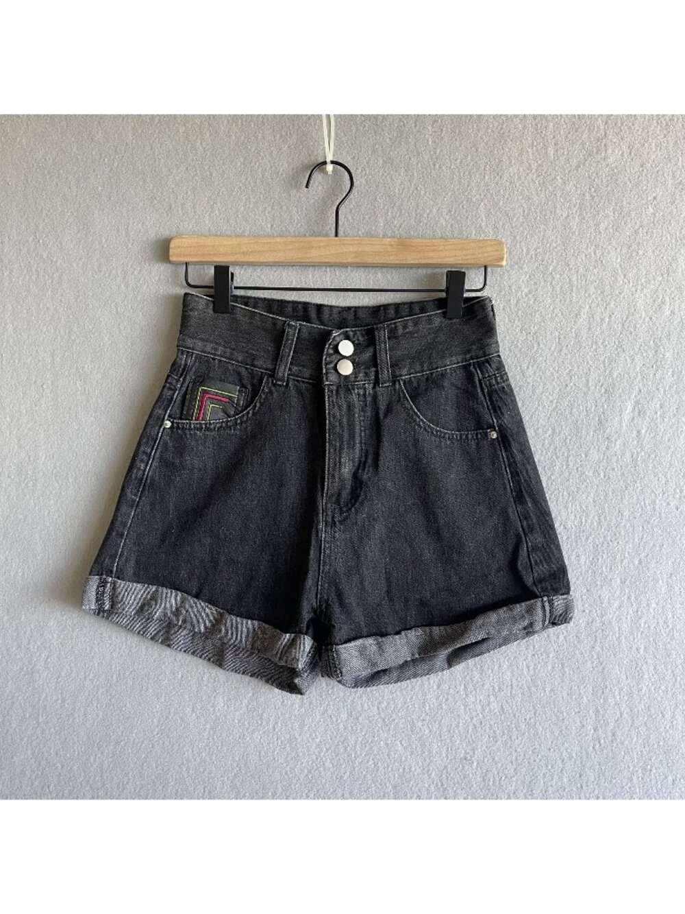 High Waisted Black Denim Shorts Rolled Hem Embroidered Pocket Double Button M